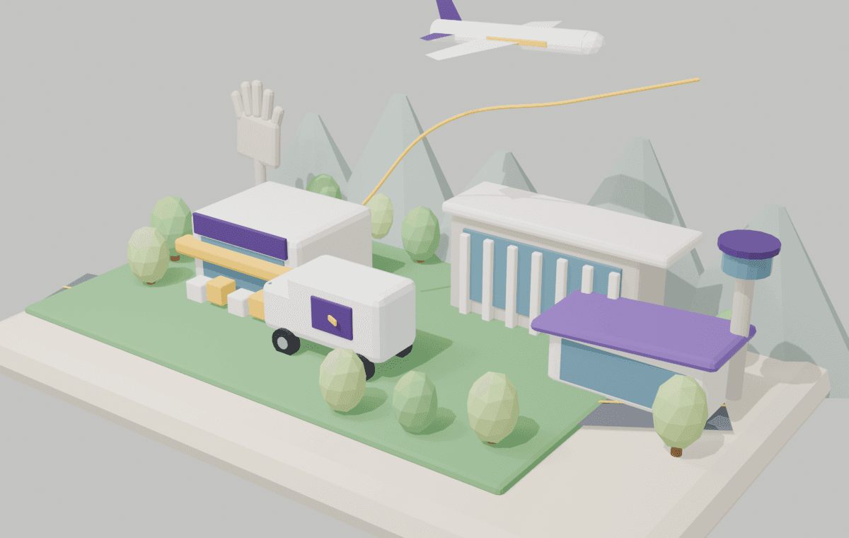 Stylized Chandigarh shipping scene with a courier van, aircraft, Open Hand monument and city architecture